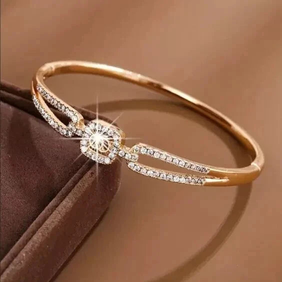 Women’s Round Cut 925 Sterling Silver Cubic Zirconia Diamond Bangle – Yellow Gold Plated, Trending Bangle Bracelet: