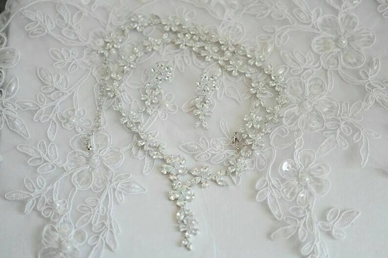 Women’s Round Cut 925 Sterling Silver Cubic Zirconia Diamond Necklace & Earrings Set