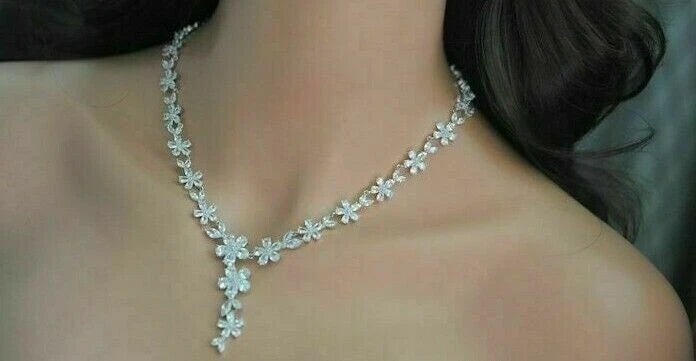 Women’s Round Cut 925 Sterling Silver Cubic Zirconia Diamond Necklace & Earrings Set