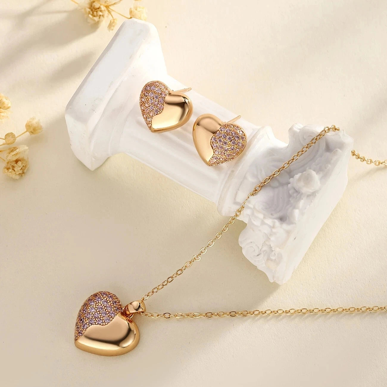 Women’s Round Cut 925 Sterling Silver Cubic Zirconia Diamond Heart Chain & Earrings Set: