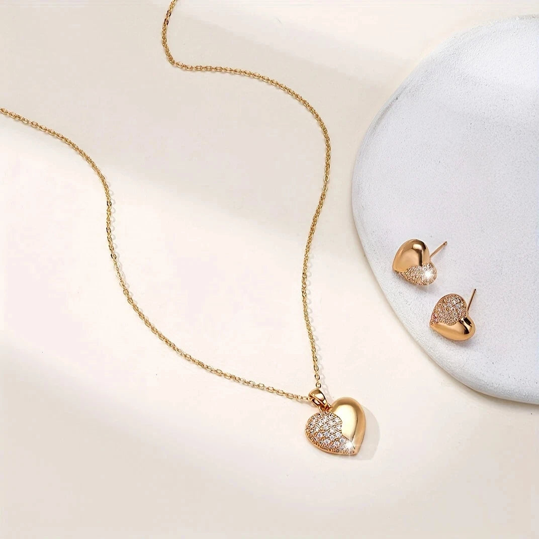 Women’s Round Cut 925 Sterling Silver Cubic Zirconia Diamond Heart Chain & Earrings Set: