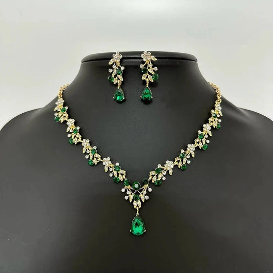 Women’s Necklace & Earrings Set 925 Sterling Silver with Green Cubic Zirconia